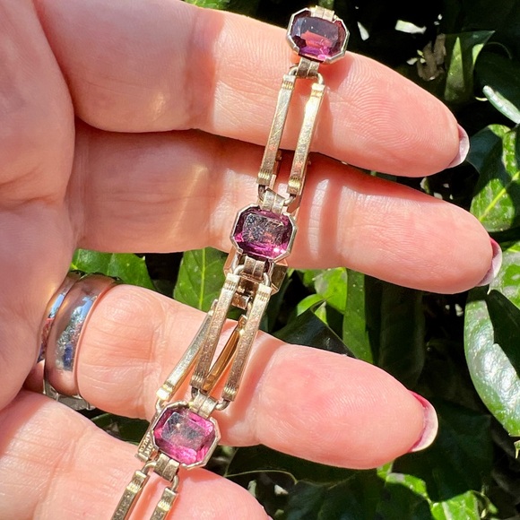 VINTAGE 10K YELLOW GOLD FILLED CHAIN BRACELET PINK PURPLE PASTE GLASS STONES